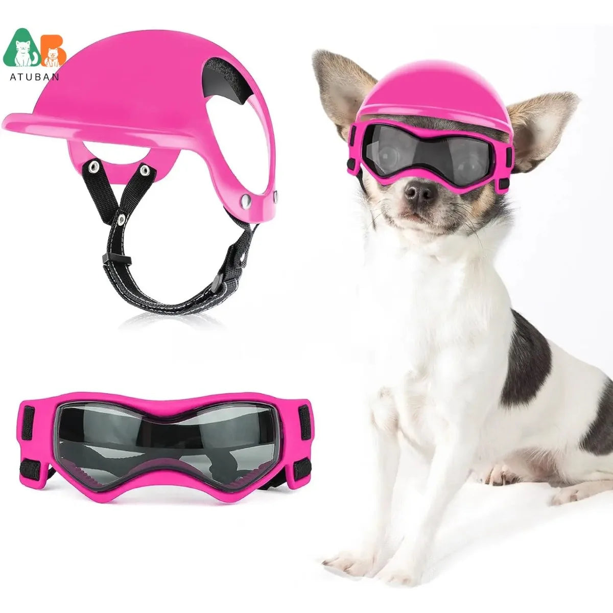 ATUBAN Dog Helmet and Dog Goggles for-Pet Motorcycle Helmet Hat with Ear Holes Adjustable Straps Safety Helmet for Puppy Riding