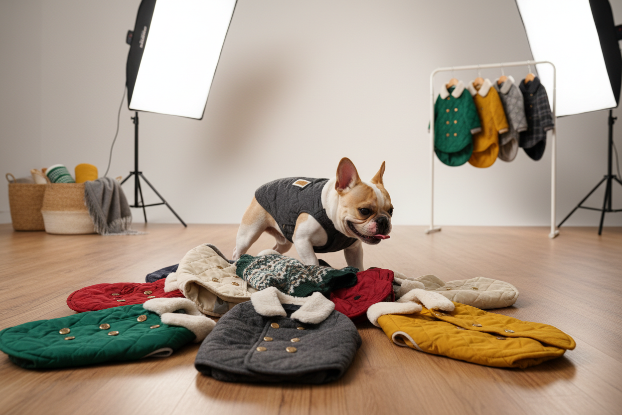 bull dog francais qui joue avec des manteau style